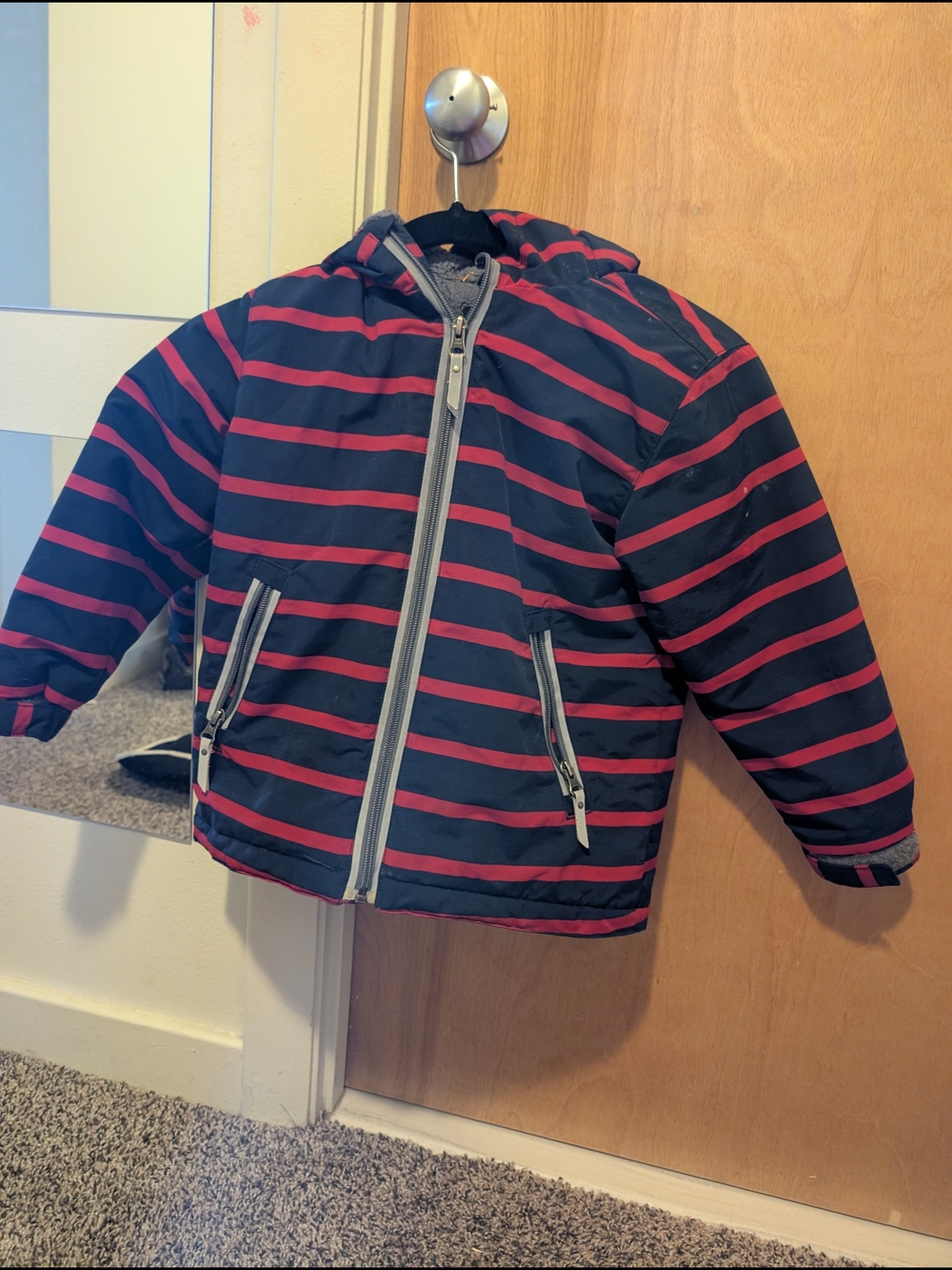 Hanna Andersson Navy and Red Striped Hooded Winter Coat